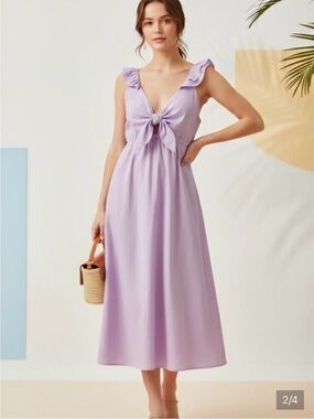 DREW Lavender Tie-Front Midi Dress with Ruffle Straps